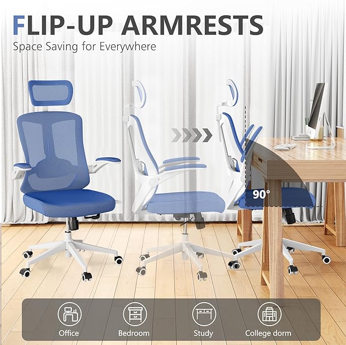 Office Chair with 350LBS Capacity,Ergonomic Comfy Home Desk Chair,High Back Gaming Chair with Wheels,Mesh Computer Chair,Lumbar Support, Adjustable Headrest,Flip-up Armrest - LeafyLoom
