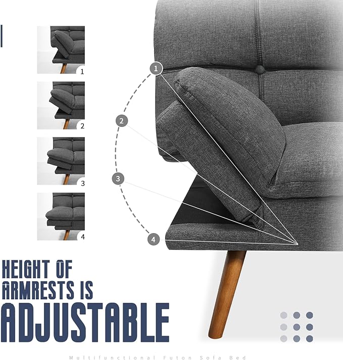 IULULU Futon Sofa Bed, Modern Convertible Sleeper Couch Daybed with Adjustable Armrests for Studio, Apartment, Office, Small Space, Compact Living Room, Dark Gray - LeafyLoom