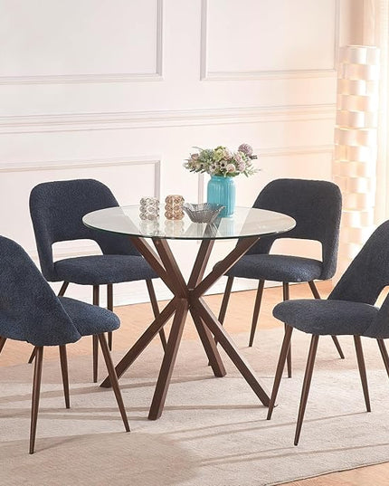 Round Glass Dining Table,34.7" Glass Top Kitchen Table with Wooden Grain Metal Legs,Modern Dining Room Table for 2 or 4,Circle Dinner Table for Kitchen, Small Spaces, Apartment - LeafyLoom