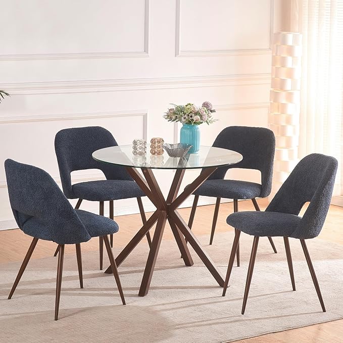 Round Glass Dining Table,34.7" Glass Top Kitchen Table with Wooden Grain Metal Legs,Modern Dining Room Table for 2 or 4,Circle Dinner Table for Kitchen, Small Spaces, Apartment - LeafyLoom