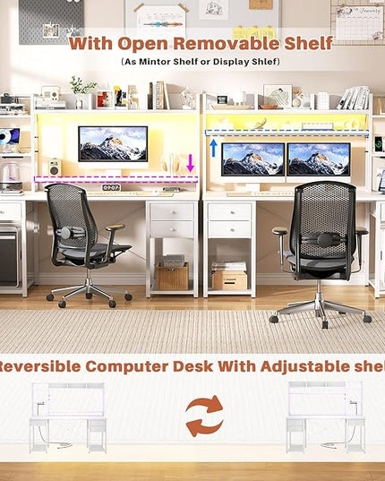 Aheaplus Desk with LED and Outlets, Gaming Desk with Hutch, 55.2'' Computer Desk with Drawers, Reversible Office Desk with Storage Bookshelf Large Workstation Desk with Shelf, Desk for Home, White - LeafyLoom