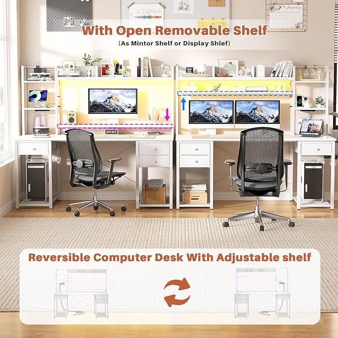 Aheaplus Desk with LED and Outlets, Gaming Desk with Hutch, 55.2'' Computer Desk with Drawers, Reversible Office Desk with Storage Bookshelf Large Workstation Desk with Shelf, Desk for Home, White - LeafyLoom