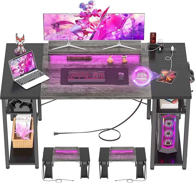 armocity Computer Desk with LED Lights, 55 Inch Desk with Power Outlet and USB, Reversible Large Desk with Moveable Monitor Stand, 55.2'' Gaming PC Table for Home Office, Workstation, Grey and Black - LeafyLoom