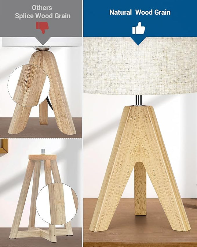 DEWENWILS Mid Century Bedside Lamp, Small Tripod Table Lamp with Linen Fabric Shade, Wood Nightstand Lamp for Nursery, Living Room, Bedroom, End Table, UL Listed, 14.2 Inch, ON/Off Switch - LeafyLoom