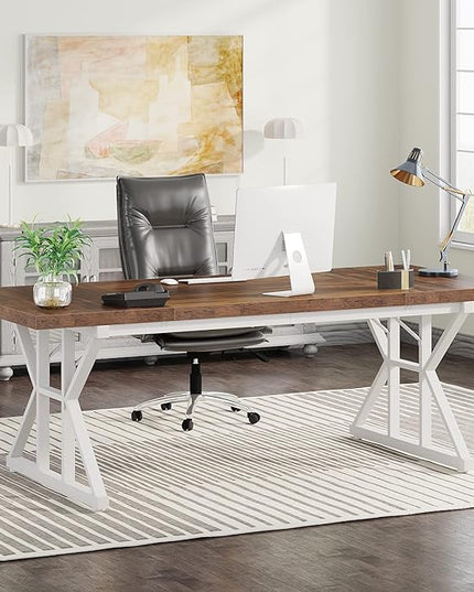 Tribesigns 70.8-Inch Executive Desk, Large Computer Office Desk Workstation, Modern Simple Style Laptop Desk Study Writing Table Business Furniture for Home Office (Brown/White, 70.8 Inch) - LeafyLoom