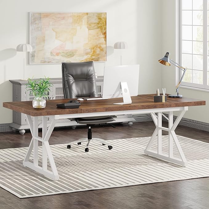 Tribesigns 70.8-Inch Executive Desk, Large Computer Office Desk Workstation, Modern Simple Style Laptop Desk Study Writing Table Business Furniture for Home Office (Brown/White, 70.8 Inch) - LeafyLoom