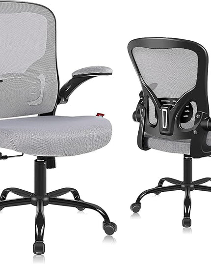 Ergonomic Office Desk Chair Breathable Mesh Swivel Computer Chair, Lumbar Back Support Task Chair, Grey Office Chairs with Flip-up Arms, Adjustable Height Executive Rolling Chair - LeafyLoom