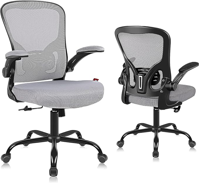 Ergonomic Office Desk Chair Breathable Mesh Swivel Computer Chair, Lumbar Back Support Task Chair, Grey Office Chairs with Flip-up Arms, Adjustable Height Executive Rolling Chair - LeafyLoom