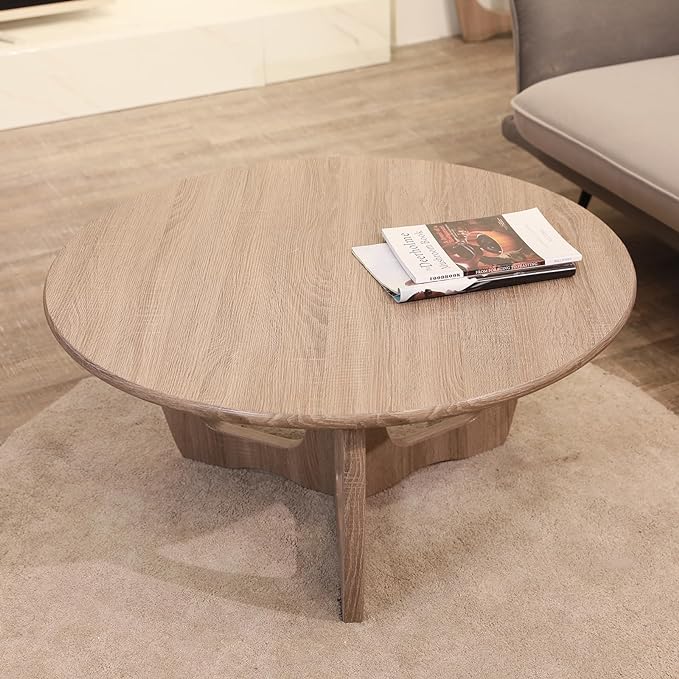 FINECASA Wooden Round Coffee Table Curved Leg, Accent Couch,Home Decoration, Living Room Tables, 36 x 18 Inches, Natural - LeafyLoom