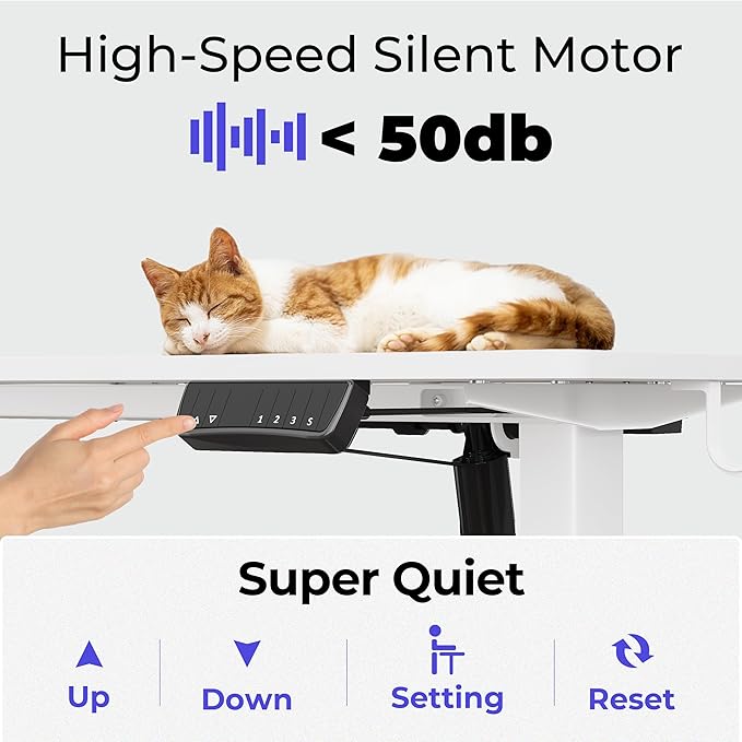 JOISCOPE 48 Inch Electric Standing Adjustable Height Desk with Double Drawer, Home Office Computer Gaming Desk with Storage Shelf and Power Outlets, Sit Stand Desk, White - LeafyLoom