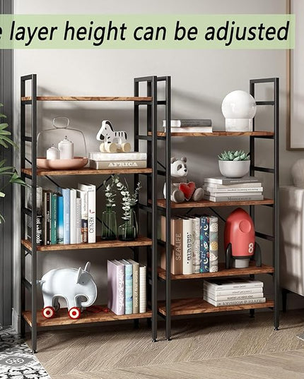 4 Tier Industrial Book Shelf,Modern Small Book Case for Books, Garage Kit, CDs, Movies, Standing BookShelves Display Rack for Bedroom/Living Room/Home Office - Rustic Brown Wood Bookcase - LeafyLoom