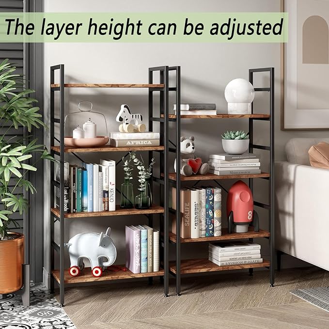 4 Tier Industrial Book Shelf,Modern Small Book Case for Books, Garage Kit, CDs, Movies, Standing BookShelves Display Rack for Bedroom/Living Room/Home Office - Rustic Brown Wood Bookcase - LeafyLoom