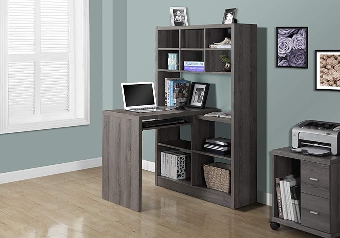 Monarch Specialties I Storage-Bookcase Left Or Right Set Up-Corner Desk with Multiple Adjustable Shelves, 60"L, Dark Taupe - LeafyLoom
