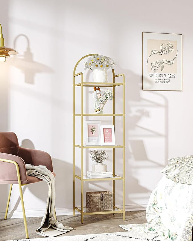 Bookcase Bookshelf, Tempered Glass Bookshelves, Slim Shelving Unit for Bedroom, Bathroom, Home Office, Steel Frame, 5 Tier Gold BC05001G - LeafyLoom