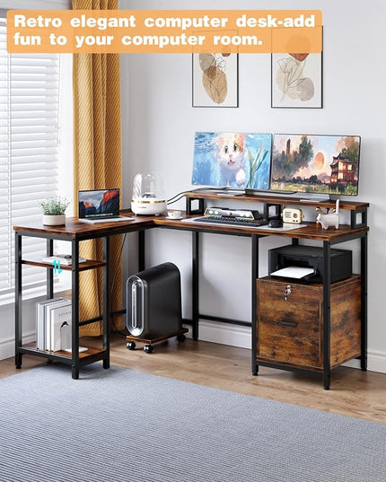 IDEALHOUSE 67" L Shaped Computer Desk with Drawers, Reversible Home Office Desk with Power Outlet, Adjustable Shelf and Mobile CPU Stand, Gaming Desk for Work, Home Office Corner Desk, Rustic Brown - LeafyLoom