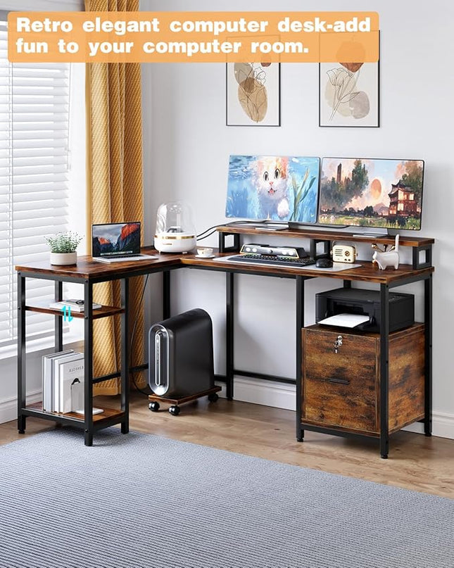 IDEALHOUSE 67" L Shaped Computer Desk with Drawers, Reversible Home Office Desk with Power Outlet, Adjustable Shelf and Mobile CPU Stand, Gaming Desk for Work, Home Office Corner Desk, Rustic Brown - LeafyLoom