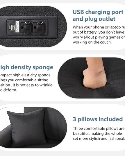 3 in 1 Convertible Sectional Sofa with Pull Out Bed , 87.4" L Shaped Corner Couch with USB Charging Ports & Plug Outlet , Breathable Linen Fabric Conversion Sofabed for Living Room Office Furniture - LeafyLoom