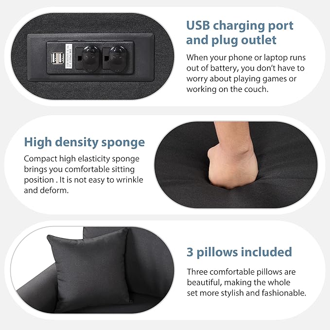 3 in 1 Convertible Sectional Sofa with Pull Out Bed , 87.4" L Shaped Corner Couch with USB Charging Ports & Plug Outlet , Breathable Linen Fabric Conversion Sofabed for Living Room Office Furniture - LeafyLoom