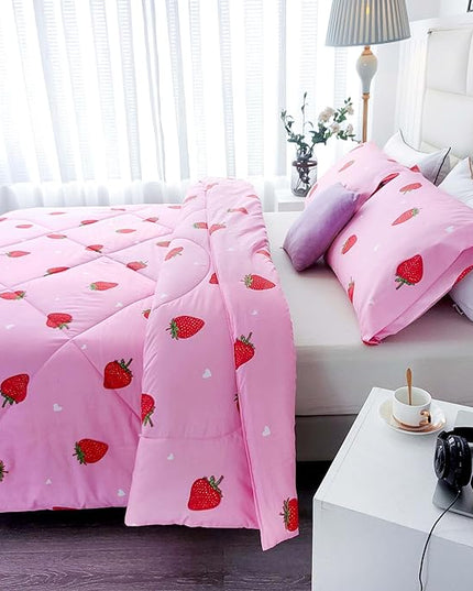 SDY 3PCS Strawberry Comforter Set Queen, Strawberry Queen Size Bedding Set, Kawaii Bed Set Kids Comforter Set, Cute Pink Bedding Room Decor for Girls, Children, Teen… - LeafyLoom