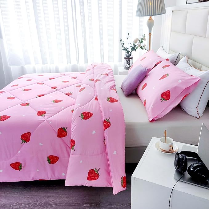 SDY 3PCS Strawberry Comforter Set Queen, Strawberry Queen Size Bedding Set, Kawaii Bed Set Kids Comforter Set, Cute Pink Bedding Room Decor for Girls, Children, Teen… - LeafyLoom