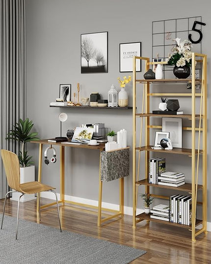 No-Assembly Folding Gold Bookshelf Storage Shelves 5 Tiers Vintage Multifunctional Plant Flower Stand Storage Rack Shelves Bookcase for Home Office - LeafyLoom