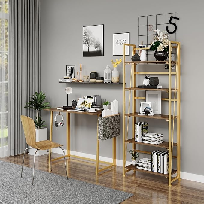 No-Assembly Folding Gold Bookshelf Storage Shelves 5 Tiers Vintage Multifunctional Plant Flower Stand Storage Rack Shelves Bookcase for Home Office - LeafyLoom