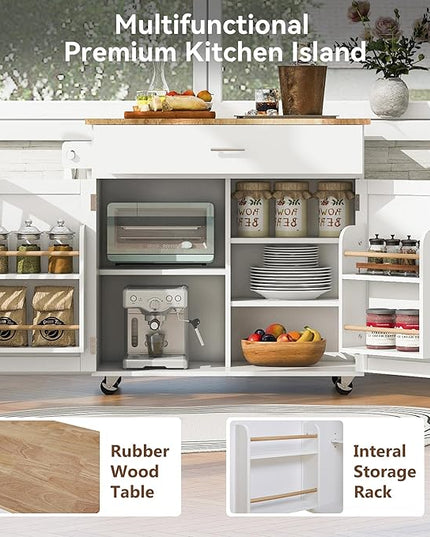 Island with Storage, Rolling Kitchen Cart on Wheels w/Drop Leaf, Internal Cabinet, Adjustable Shelf Towel Rack and Rubber Wood Countertop, for Dining Room, Home, White, 39 Inch - LeafyLoom