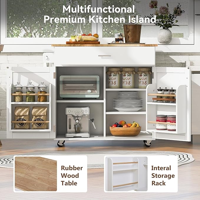 Island with Storage, Rolling Kitchen Cart on Wheels w/Drop Leaf, Internal Cabinet, Adjustable Shelf Towel Rack and Rubber Wood Countertop, for Dining Room, Home, White, 39 Inch - LeafyLoom