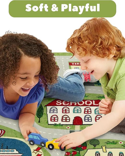LIVEBOX Green Kids Rug for Playroom, 4'x6' Washable Road Rug for Boys Room, Non-Slip Soft Car Rug for Baby Nursery, Large Kids Floor Mats for Boys Girls Dorm Toy Room Tent - LeafyLoom