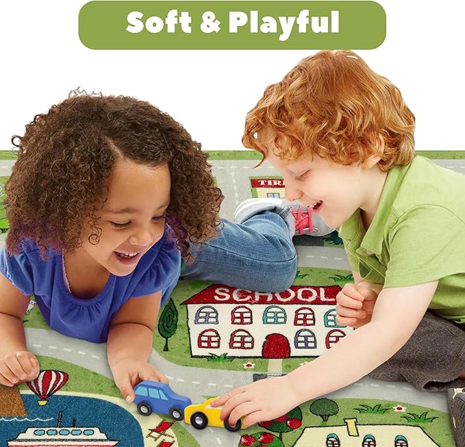 LIVEBOX Green Kids Rug for Playroom, 4'x6' Washable Road Rug for Boys Room, Non-Slip Soft Car Rug for Baby Nursery, Large Kids Floor Mats for Boys Girls Dorm Toy Room Tent - LeafyLoom