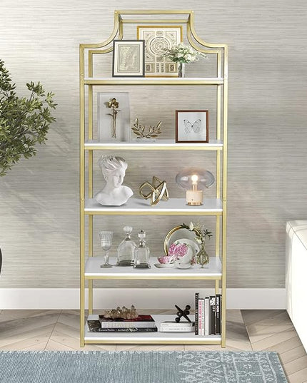 TooCust 5-Tier Gold Bookcase, 29.5" Lx70.6 H, Bookshelf for Bedroom,Gold Book Display Shelf, Arched Bookcase, Organizer Rack for Living Room, Gold Freestanding Display Shelf,White and Gold Bookshelf - LeafyLoom
