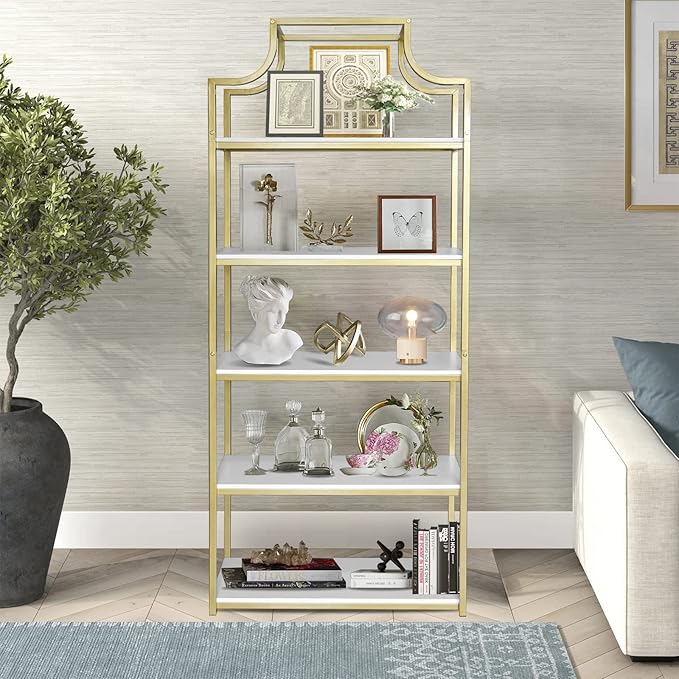 TooCust 5-Tier Gold Bookcase, 29.5" Lx70.6 H, Bookshelf for Bedroom,Gold Book Display Shelf, Arched Bookcase, Organizer Rack for Living Room, Gold Freestanding Display Shelf,White and Gold Bookshelf - LeafyLoom