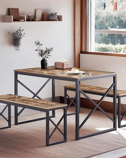 VECELO Kitchen Table with 2 Benches for 4, 43.3'' Wood Dining Room Dinette Sets with X Metal Frame for Breakfast Nook and Small Space, Brown - LeafyLoom