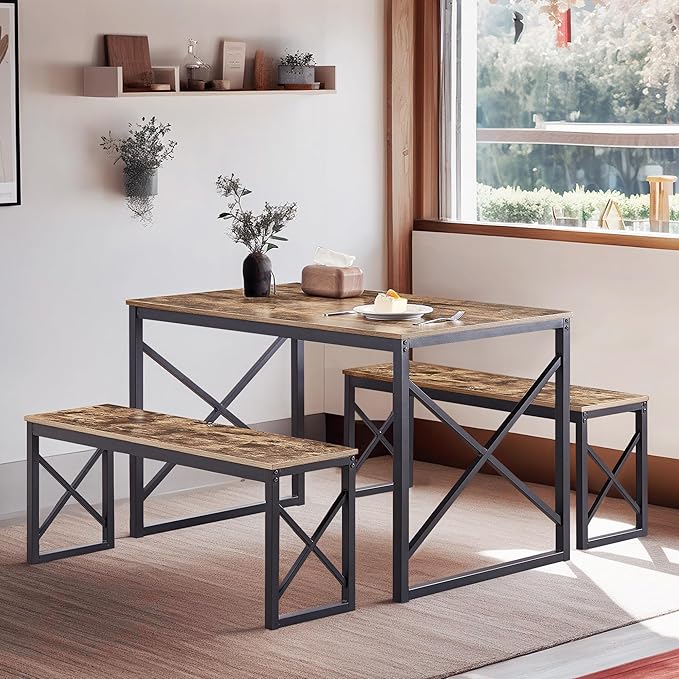 VECELO Kitchen Table with 2 Benches for 4, 43.3'' Wood Dining Room Dinette Sets with X Metal Frame for Breakfast Nook and Small Space, Brown - LeafyLoom