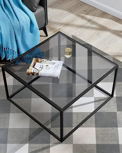SAYGOER Glass Coffee Table, Small Modern Coffee Table Square Simple Center Tables for Living Room 26.7 x 26.7 x 15.7 Inches, Gray Black - LeafyLoom