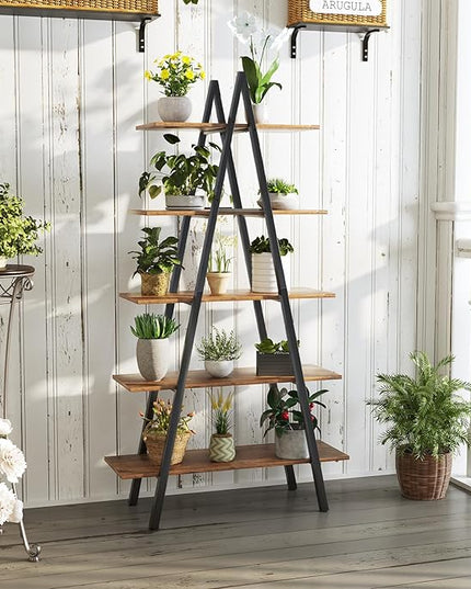 5-Tier Ladder Bookshelf, Industrial A-Shaped Bookcase, Christmas Village Display Stand, Tall Ladder Shelf Storage Organizer for Living Room, Home Office, Black - LeafyLoom