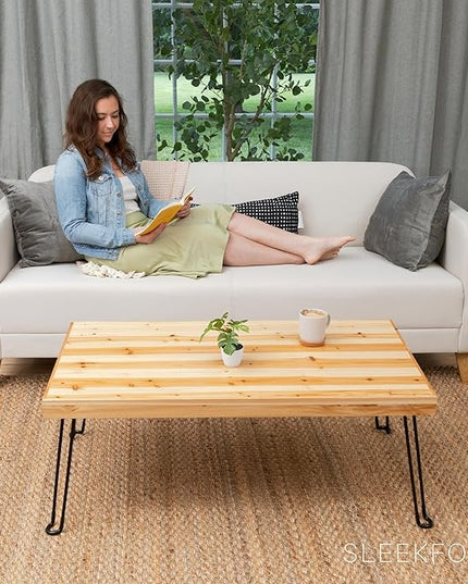 Sleekform Folding Wooden Coffee Table - Collapsible 20x40 Light Wood Mini Desk - Lightweight Foldable Coffee Tables for Small Spaces - Fold Up Hairpin Legs - Birch Wood Finish - LeafyLoom