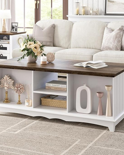 IDEALHOUSE Farmhouse Coffee Table with Storage 48'' Center Table Industrial Cocktail Table with Sliding Barn Doors Modern Rectangular Living Room Table Rustic Coffee Table with Adjustable Shelves - LeafyLoom