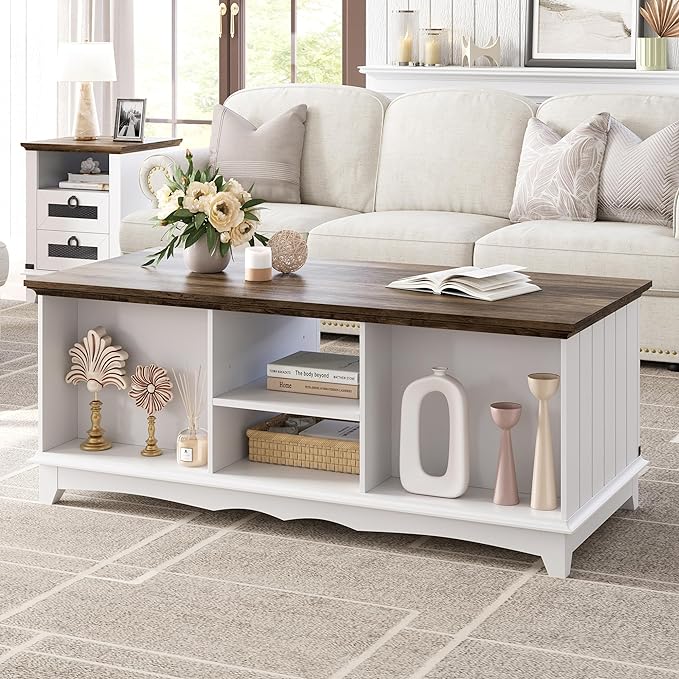 IDEALHOUSE Farmhouse Coffee Table with Storage 48'' Center Table Industrial Cocktail Table with Sliding Barn Doors Modern Rectangular Living Room Table Rustic Coffee Table with Adjustable Shelves - LeafyLoom