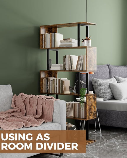 Gadroad 5-Tier Geometric Bookcase,S Shaped Bookshelf, Wood Decorative Storage Shelving, Modern Freestanding Display Shelves, Tall Book Shelf Unit for Living Room Bedroom, Rustic Brown - LeafyLoom