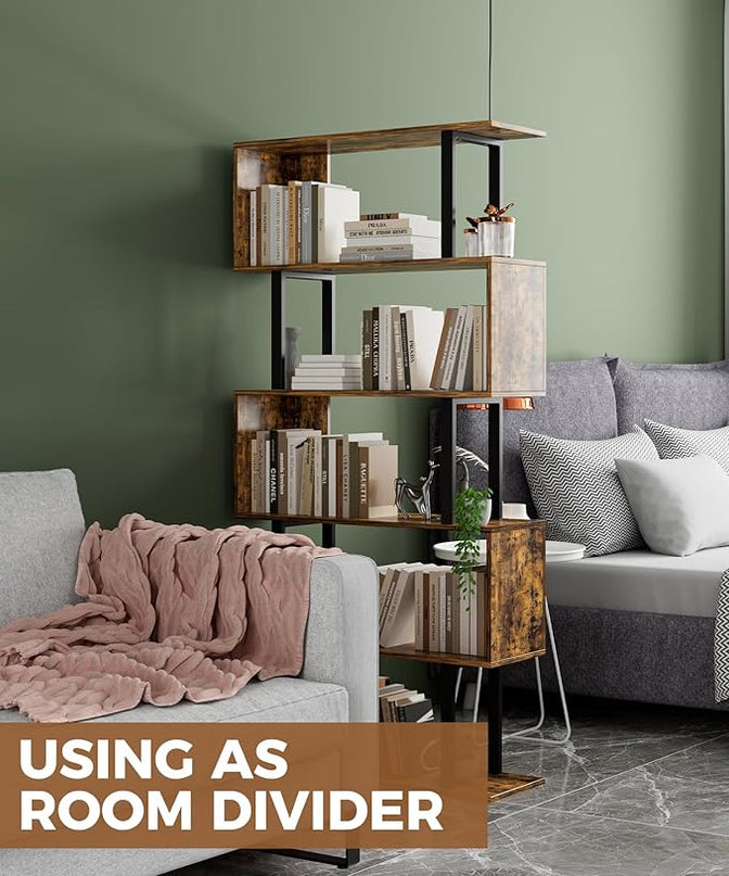 Gadroad 5-Tier Geometric Bookcase,S Shaped Bookshelf, Wood Decorative Storage Shelving, Modern Freestanding Display Shelves, Tall Book Shelf Unit for Living Room Bedroom, Rustic Brown - LeafyLoom