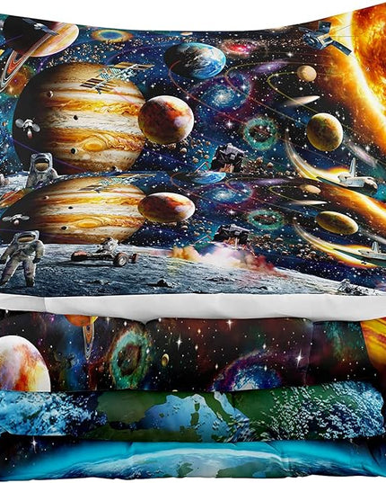 Tailor Shop Universe Galaxy Comforter Set for Girls Boys Kids Galaxy The Planet The Earth Astronaut Stars Outer Space Bedding Set King Size with 1 Comforter 2 Pillowcases - LeafyLoom