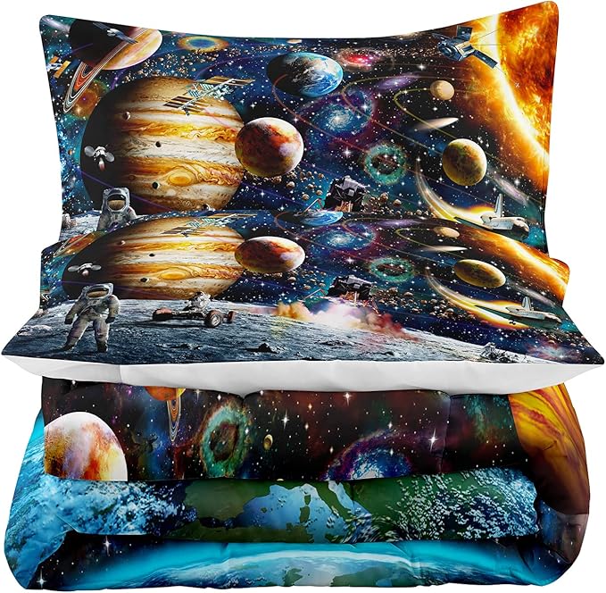 Tailor Shop Universe Galaxy Comforter Set for Girls Boys Kids Galaxy The Planet The Earth Astronaut Stars Outer Space Bedding Set King Size with 1 Comforter 2 Pillowcases - LeafyLoom