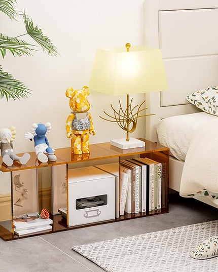 Acrylic Bookcase, 3 Tier Clear Floor Standing Bookshelf, 31.5 inch Tall Display Cube Storage Shelf Home Decor Furniture for Home, Office, Living Room, Bedroom - Transparent Orange - LeafyLoom