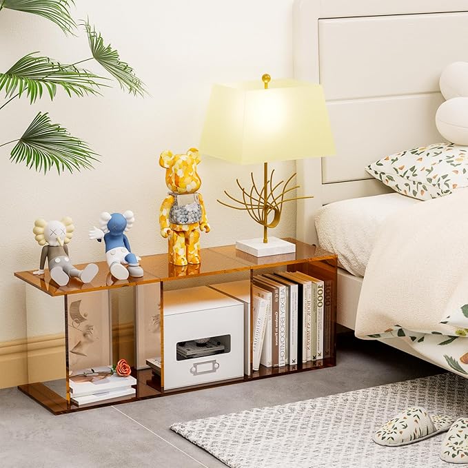 Acrylic Bookcase, 3 Tier Clear Floor Standing Bookshelf, 31.5 inch Tall Display Cube Storage Shelf Home Decor Furniture for Home, Office, Living Room, Bedroom - Transparent Orange - LeafyLoom
