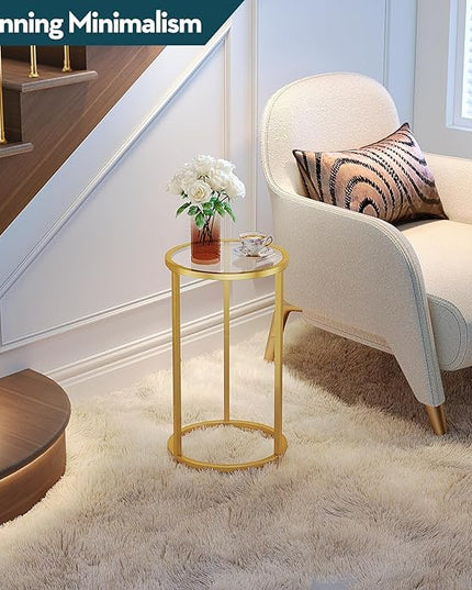 SAYGOER Round Side Table Small Gold End Table for Small Spaces Narrow Couch Night Stand Modern Bedside Table with Gold Frame for Bedroom Living Room, Easy Assembly - LeafyLoom