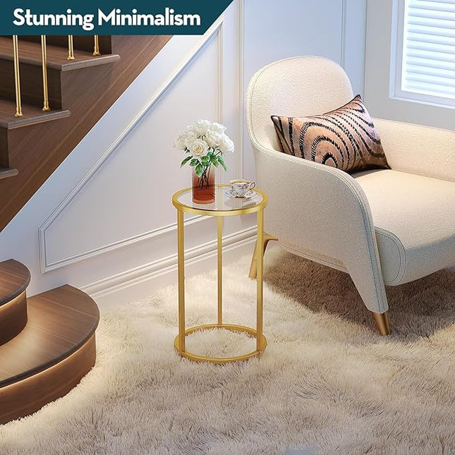 SAYGOER Round Side Table Small Gold End Table for Small Spaces Narrow Couch Night Stand Modern Bedside Table with Gold Frame for Bedroom Living Room, Easy Assembly - LeafyLoom