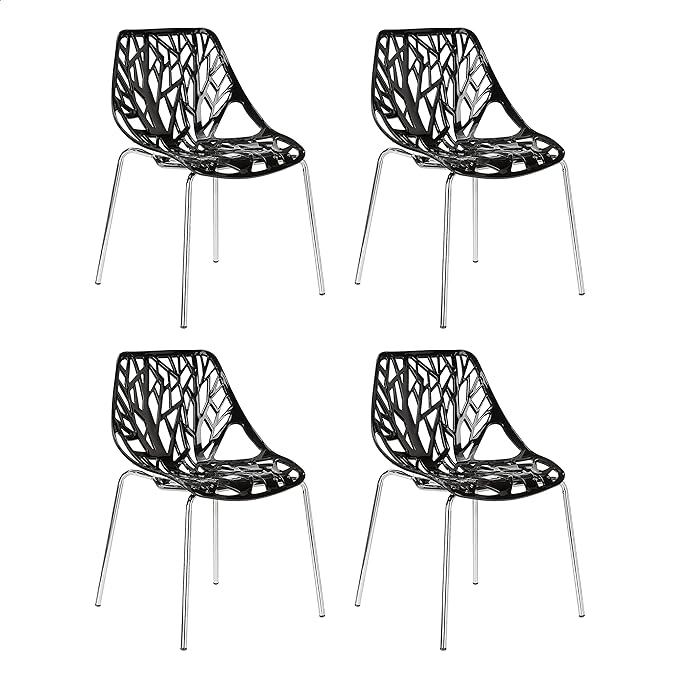 CangLong Modern Mid Century Plastic Shell Hollow Matal Legs Dining Chairs, set of 4, Black - LeafyLoom