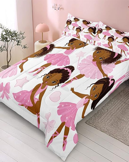 Full Bedding Sets for Girls, African American Magic Comforter Set with Ballet Dancer, Pink Bed Set for Kids Teens, Little Girls Bedroom Decor - LeafyLoom