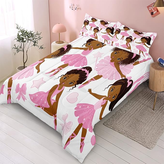 Twin Bedding Sets for Girls, African American Magic Comforter Set with Ballet Dancer, Pink Bed Set for Toddler Kids Teens, Little Girls Bedroom Decor - LeafyLoom